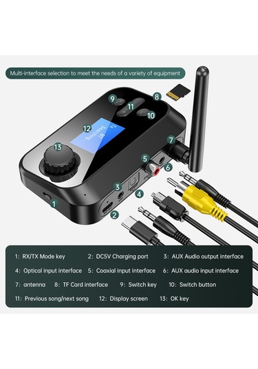 Geeksen C41 Bluetooth 5.0 Alıcı-verici, Mikrofonlu, Tf Kart Desteği, 3.5mm/fiber/koaksiyel Arayüzlü Ses Adaptörü Siyah