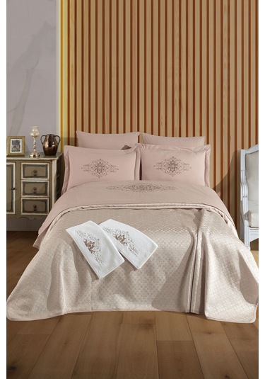 Tivoli 8 Parça Evlilik Seti Pike Takımı Havlulu-nakışlı Çift Kişilik Gelin Seti-diana-kapuçino Cappuccıno Cappuccino