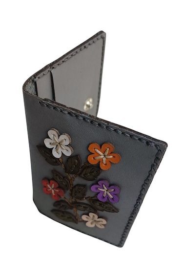 Durush Collection Tasarım Gerçek Deri Gri Çiçekli El İşlemeli Kartlık
