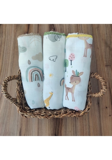 Desenli Müslin Kız Erkek Bebek Battaniyesi Oeko-texli %100 Pamuklu D Puset Örtüsü Yenidoğan 90x80cm Turuncu