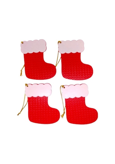 Yılbaşı Çam Ağacı Süsleri Kırmızı Beyaz Çorap 4 Adet 9 X 7 Cm Noel Baba