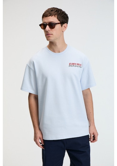 Grimelange YUM Erkek Oversize Baskılı Yuvarlak Yaka Mavi T-Shirt