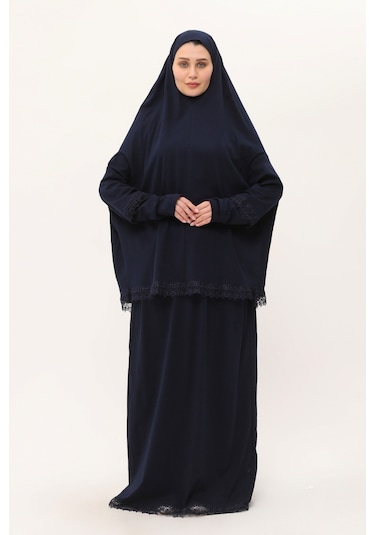 Lacivert İki Parça Namaz Elbisesi Pamuk Kumaş Dantelli 2205 02 Lacivert