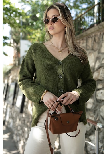 Lela Regular Fit V Yaka Düğmeli Triko Bayan Hırka 4616229 Haki Lela Regular Fit V Yaka Düğmeli Triko Bayan Hırka 4616229 Haki