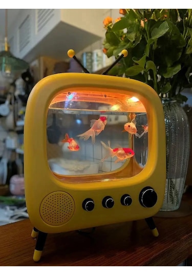 Monozone Tv Şekilli Işıklı Mini Akvaryum Beta Balık Tankı Vintage
