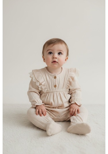 Annababba %100 Pamuk Kız Bebek Çıtçıtlı Tulum - Bej