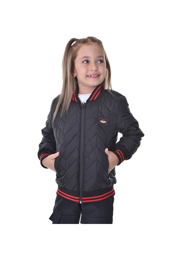 Kız Çocuk Siyah Kolej Yaka İçi Astarlı Su Ve Rüzgar Geçirmez Fermuarlı Cep Mont Ceket Siyah
