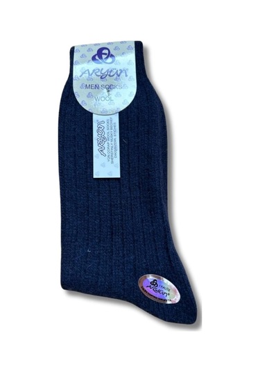 Erkek Saf Yün Kışlık Orta Kalınlıkta Dikişsiz 6 Çift Kendinden Çizgili Çorap Lacivert Gri