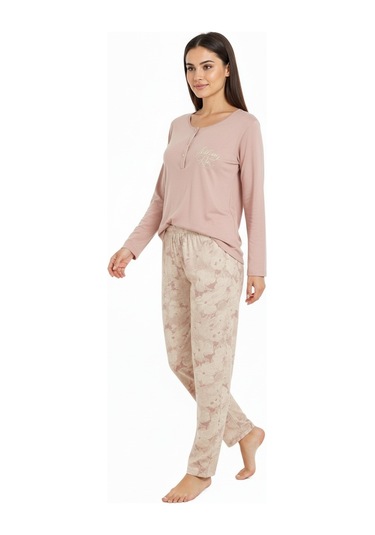 Üstü Yazılı Altı Çiçek Desenli Elite Viscose Uzun Pijama Takımı Pudra 3564 Pembe