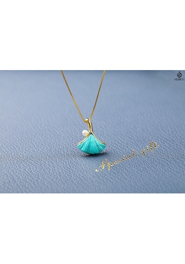 Ginkgo Yaprağı İşlemeli Turkuaz Altın Kaplama İnci Köprücük Kemiği Kolye Altın