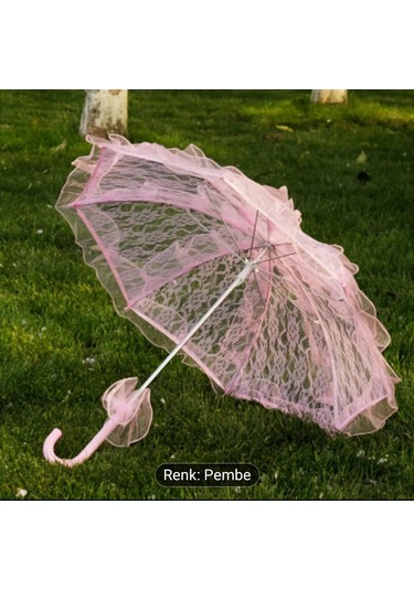 Atay Garage Şemsiye Gelin-düğün-özel Günler İcin Pembe Düz Renk Dantelli 60-58 Boyutlarinda Pembe