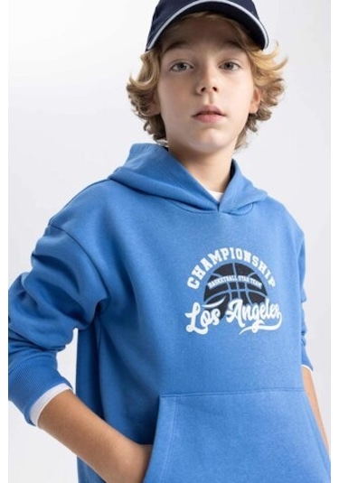 DeFacto Erkek Çocuk Baskılı Kanguru Cepli Kapüşonlu Sweatshirt B7821A8NSBE124 Mavi