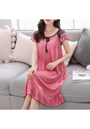 Koyu Mavi Yaz Gecelik Bağcıklı Uyku Rahat Güzel Sahte Saten Yaz Gevşek Gecelik Ev Giyim Xl Koyu Mavi