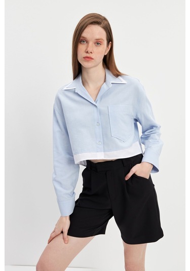 Stella Pulvis Mavi Garnili Tek Cep Crop Oxford Gömlek Mavi