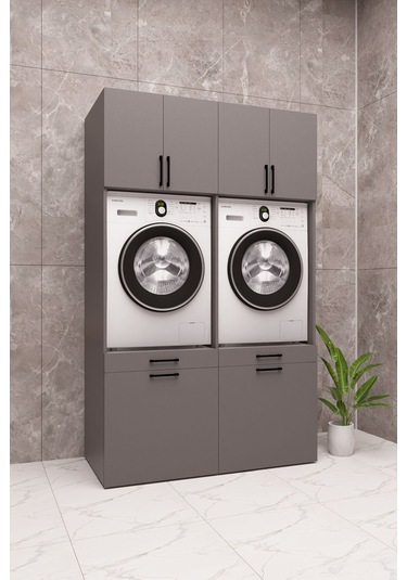 Mdf Çamaşır Makinesi Ve Kurutma Makinesi Dolabı Çift Sepetli Antrasit
