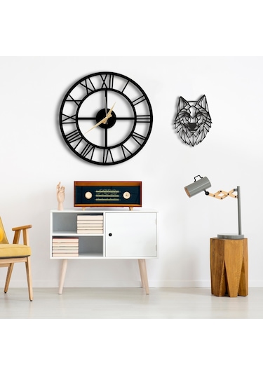 50X50 Dekoratif Duvar Saati + Tablo 40X40 Cm Hediye Siyah