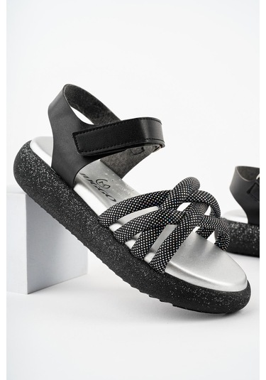 Muggo Jazz Garantili Günlük Ortopedik Hafif Taban Örgü Detaylı Cırtlı Kız Çocuk Sandalet Siyah