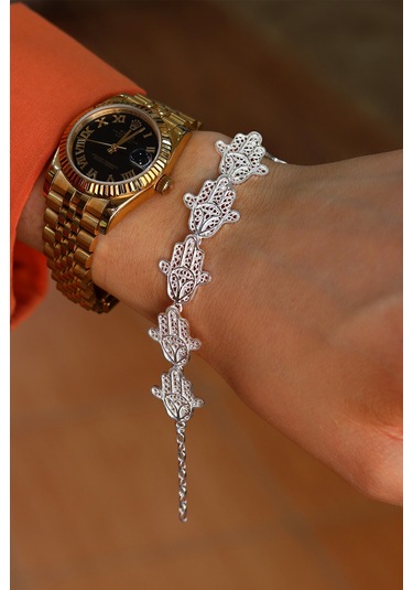 Fatıma Ana Eli Model 925 Ayar Gümüş Telkari Kadın Bileklik 201024178 Gümüş