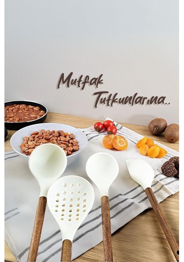 Akasya Saplı 4'lü Silikon Mutfak Gereçleri Seti Kepçe Kevgir Mutfak Kaşığı Spatula
