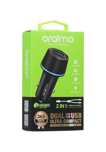 Teltree 2 Usb Çift Portlu Araç Şarj Cihazı, 5v/2.1a Hızlı Şarj, 120cm Kablolu, Siyah, Led Işık, Güvenlik Koruma