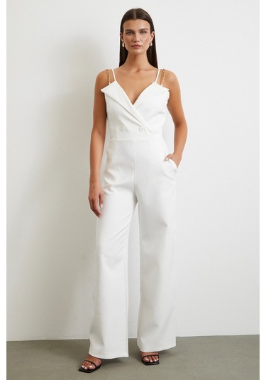 Zincir Detaylı Tulum Beyaz Beyaz