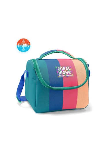 Coral High İlkokul Kız Çocuk Okul Beslenme Çantası, Yeşil Mavi Pembe Renkli Çizgili, Termoslu Isı Yalıtımlı Çok Renkli