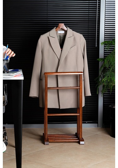 İkili Dilsiz Uşak Koyu Kahverengi Masif Ahşap Palto Ceket Cüppe Ahşap