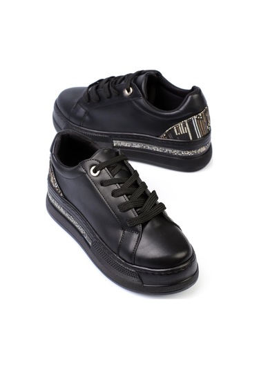 Shoetek Olala Kadın Sneakers Bağcıklı Arka Desenli Spor Ayakkabı Siyah Deri Siyah