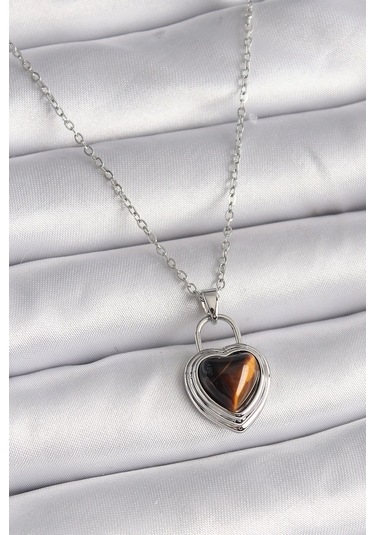 316l Çelik Gümüş Renk Zincir Kilit Kalp Kehribar Boncuk Model Kadın Kolye Çok Renkli