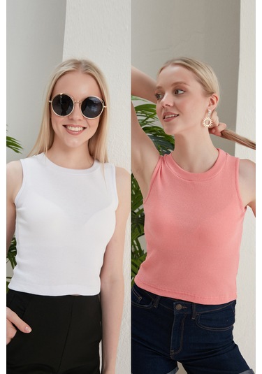 Catspy Kadın Halter Yaka 2'li Crop Bluz Atlet Beyaz - Pudra