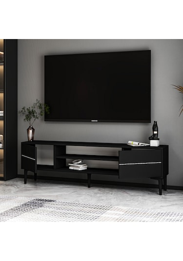 Aragon Modern Tv Sehpası 180 Cm, 2 Kapaklı + 2 Açık Raflı, Siyah & Beyaz Renk Seçenekli Tv Ünitesi - Siyah Siyah