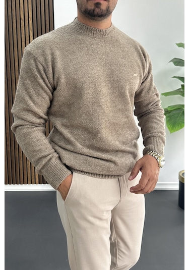 Erkek Bisiklet Yaka Buklet Kumaş Kazak Kahverengi Edw419 Kahverengi