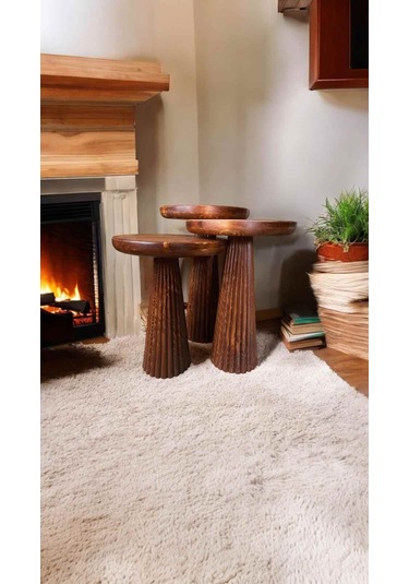 Doğal Ahşap Mantar Sehpa 3 Lü Set Fındık Renk Masif Zigon