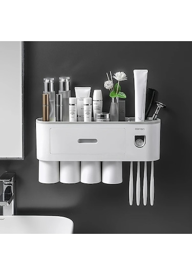 Fastbuy Challenger Diş Fırçası Tutucu Ve 4 Bardaklı Banyo Organizatörü Macun Dispenser Kiti Gri Gri