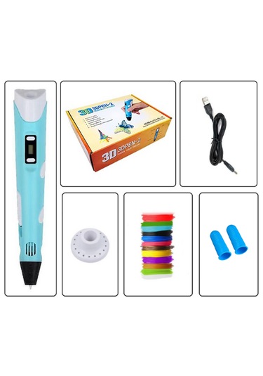 Mavi 3D Kalem 3D Pen Yazıcı Kalem – 20 Adet 5 Metrelik PLA Filament (Toplam 100M) + USB Kablo