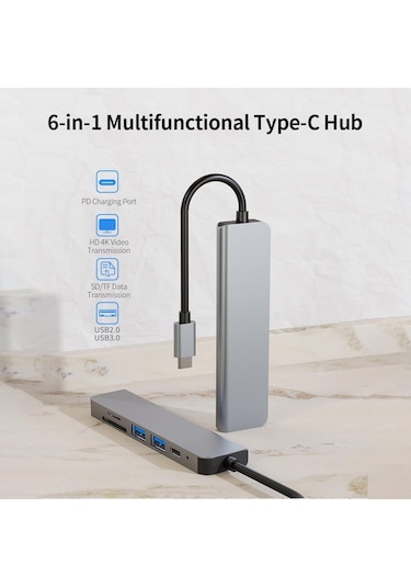 6'sı 1 Arada Çok Fonksiyonlu Tip-c Hub Alüminyum Alaşımlı Tip-c Dönüştürücü, Hd Usb2.0 Usb3.0 Pd Bağlantı Noktaları Tf