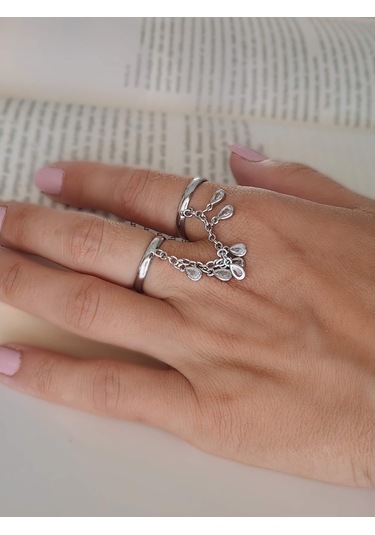 Şahmaran Damla Başak Model Zirkon Taşlı Ayarlanabilir Silver Gümüş Renkli Yüzük Silver