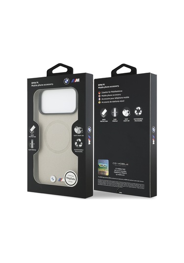 İphone 17 Pro Max Uyumlu Kılıf Bmw Lisanslı M-safeli Metal Logolu Delikli M Dizayn Deri Kapak Gri Gri