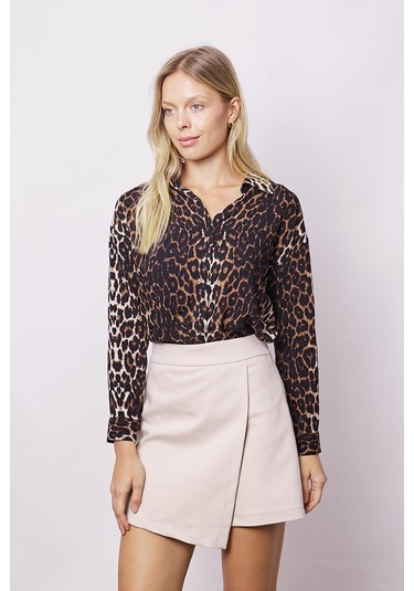 Kadın Likrasız Viskon Vual Desenli Yakalı Düşük Omuzlu Uzun Kol Şık Gömlek-leopar Leopar