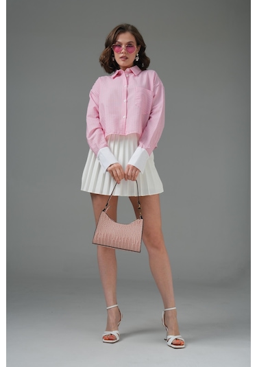 Saade Pembe Çizgili Crop Gömlek Mavi