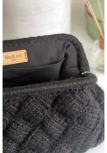 El Yapımı Siyah Diamond Yün Örgü El Çantası Siyah