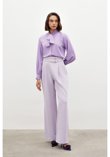 Sateen Bel Detaylı Pantolon - Lila