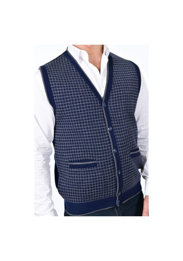 Kamalı Lacivert Erkek Çelik Örgü Düğmeli Cepli Kazayağı Desen Tüylenmeyen Triko Kışlık Kazak Yelek Lacivert