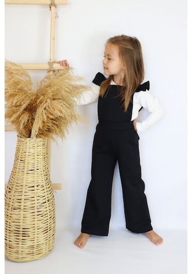 Kız Çocuk Berlin Siyah Pamuklu Fırfırlı Bağlama Detaylı Tulum Siyah