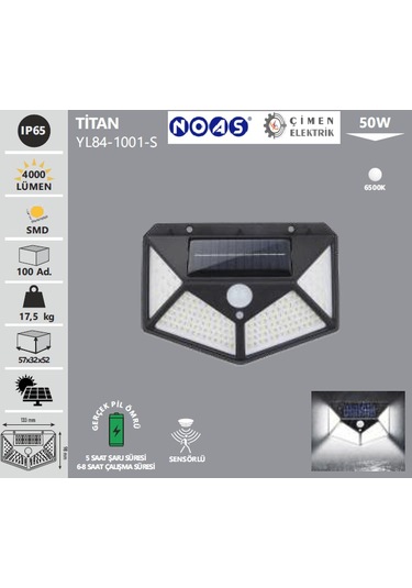 Noas Yl84 1001 S Titan 50w Siyah Sensörlü Solar Aplik Beyaz Işık 6500k Siyah