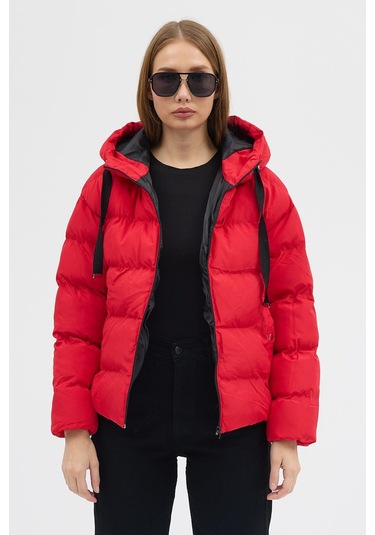 Çift Cepli Fermuarlı Su İtici Kumaş Normal Kesim Dolumlu Şişme Kadın Kırmızı Mont Tbmnt005 Kırmızı