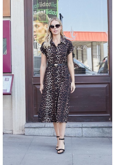 Kadın Desenli Yakalı Düşük Omuzlu Duble Kol Kemerli Midi Boy Elbise Deri Kemer Dahil -leopar Leopar