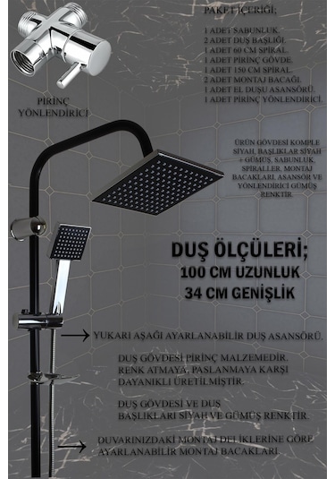 Siyah Krom Robot Duş Seti Tepe Yağmurlama Duş Seti Duş Başlığı Duş Hortum Robot Duş Seti Duş Başlığı Siyah - Krom