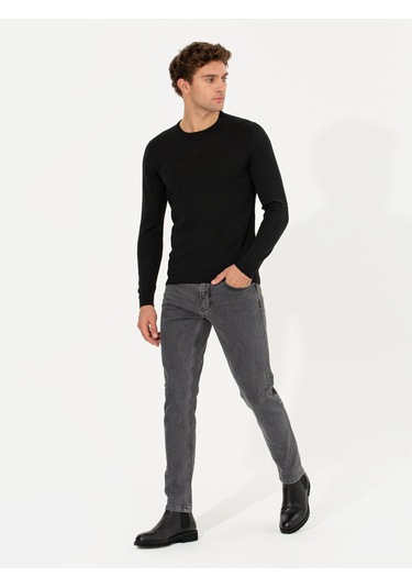 Cacharel Siyah Slim Fit Bisiklet Yaka Basic Triko Kazak