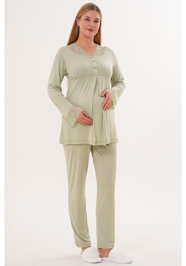 Mecit Pijama Mecit 6332 Yeşil Sabahlık Gecelik Pijama Hamile Lohusa Set